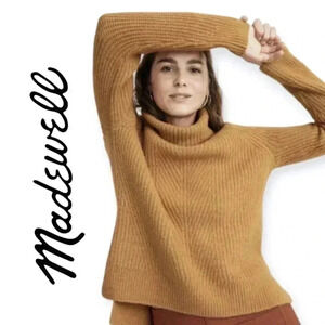 Madewell Wool Sweater XL Pullover Mustard Yellow Turtle Neck Cable Knit